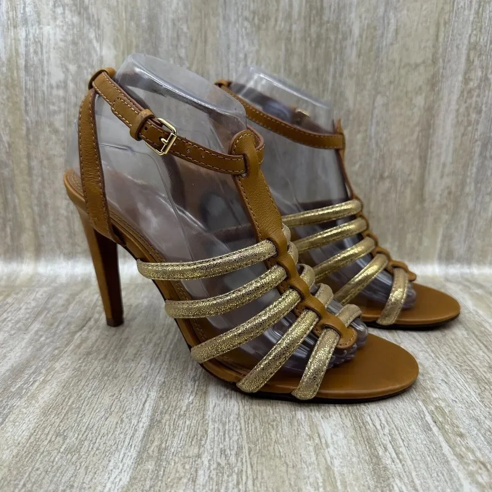 Tory‎ Burch Charlene Gold Ankle Strap Gladiator High Heels Sandals 8.5 Pumps